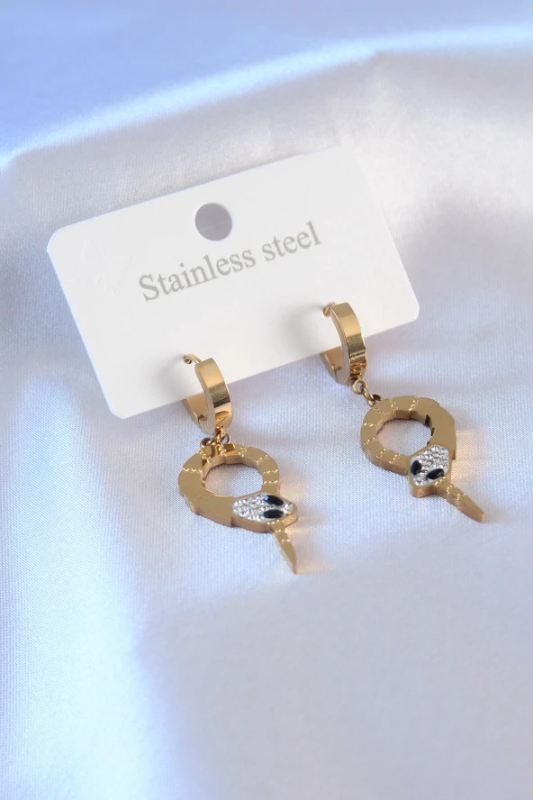 316L Çelik Gold Renk Yılan Model Zirkon Taşlı Kadın Küpe ürün görseli