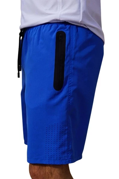 Saks Uzun Model Su İtici Özellikli Düz Renk Erkek Plaj Deniz Şort Mayo - 2203-Saks - Resim 2