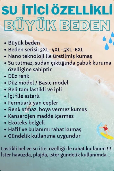 Saks Büyük Beden Su İtici Özellikli Düz Renk Basic Erkek Plaj Deniz Şort Mayo - 2204-Saks - Resim 5