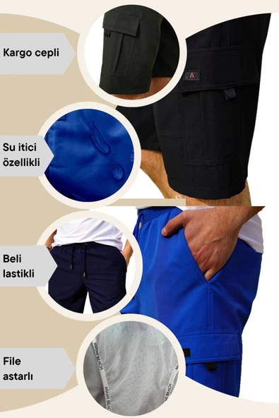 Haki Kargo Cepli Uzun Model Su İtici Özellikli Düz Renk Erkek Plaj Deniz Şort - 444-Haki - Resim 3