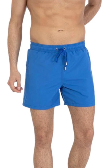 Saks Büyük Beden Su İtici Özellikli Düz Renk Basic Erkek Plaj Deniz Şort Mayo - 2204-Saks - Resim 6