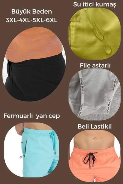 Siyah Büyük Beden Su İtici Özellikli Düz Renk Basic Erkek Plaj Deniz Şort Mayo - 2204-Siyah - Resim 3