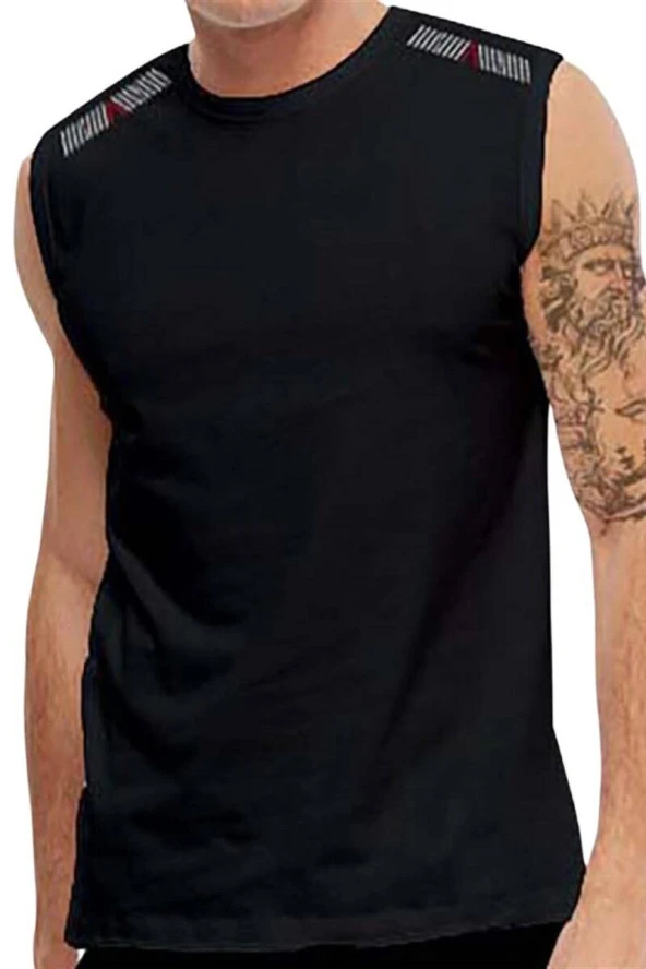 Siyah Nefes Alan Kumaş Sıfır Kol Likralı Erkek Tişört - 0355-Siyah