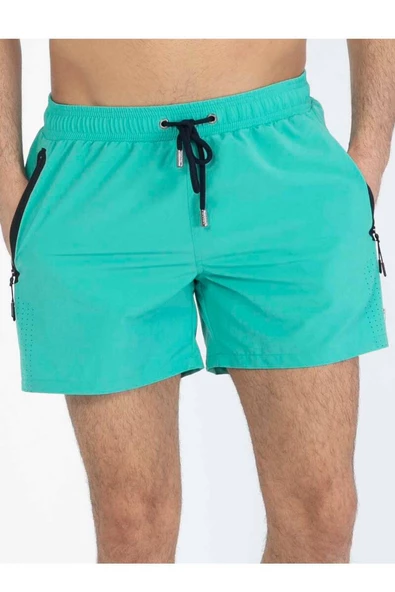 Mint Likralı Esnek Kumaş Su İtici Özellikli Düz Renk Erkek Plaj Deniz Şort Mayo - 2201-Mint - Resim 2