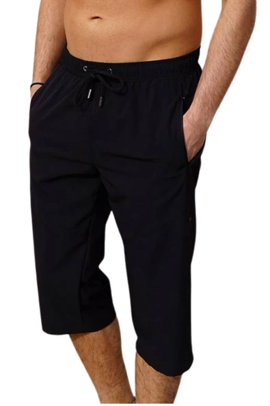 Siyah Büyük Beden Diz Altı Uzun Model Su İtici Özellikli Likralı Esnek Kumaş Erkek Plaj Deniz Kapri Şort - 941-Siyah - Resim 2