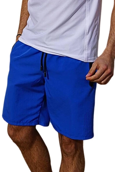 Saks Uzun Model Su İtici Özellikli Düz Renk Erkek Plaj Deniz Şort Mayo - 2203-Saks - Resim 6