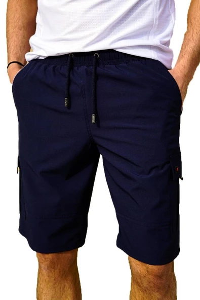 Lacivert Kargo Cepli Uzun Model Su İtici Özellikli Düz Renk Erkek Plaj Deniz Şort - 444-Lacivert - Resim 2