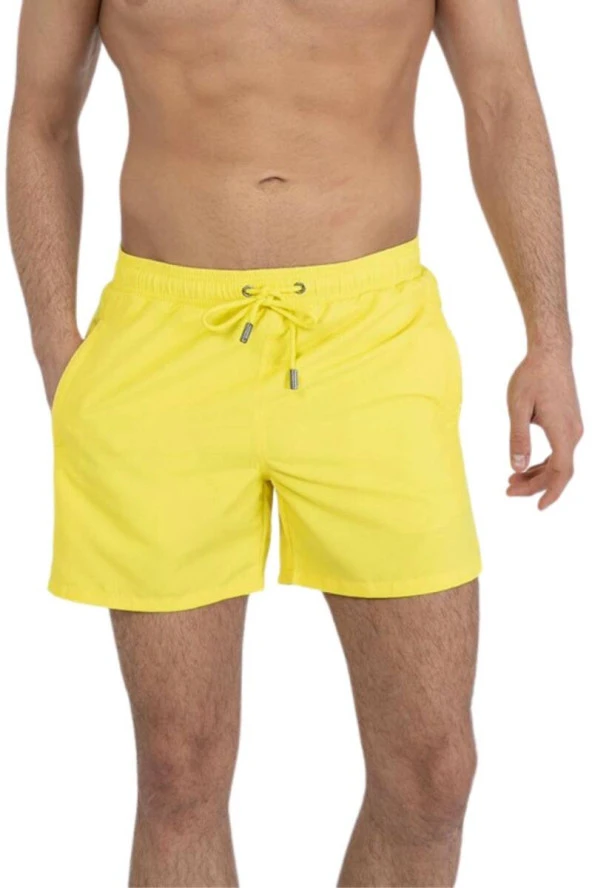 Sarı Su İtici Özellikli Düz Renk Basic Erkek Plaj Deniz Şort Mayo - 301-Sarı