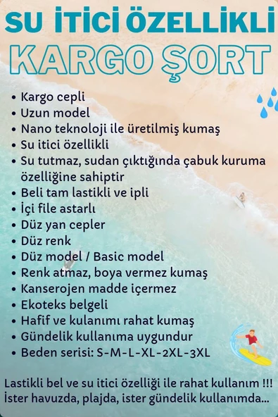 Lacivert Kargo Cepli Uzun Model Su İtici Özellikli Düz Renk Erkek Plaj Deniz Şort - 444-Lacivert - Resim 4