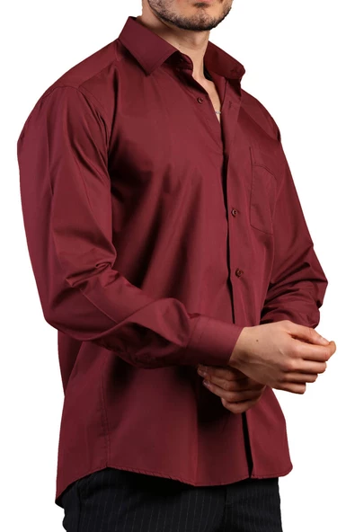 Bordo Büyük Beden Rahat Kesim Cepli Uzun Kol Regular Fit Erkek Gömlek  - 150-13 - 3