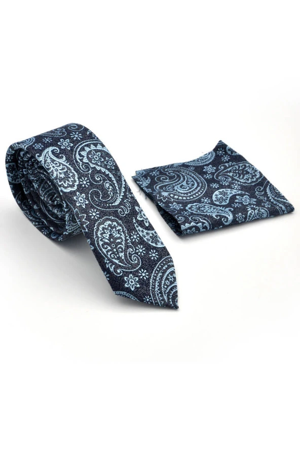 Mavi Şal Desenli Lacivert Dokuma Kumaş Mendilli Slim Fit Kravat  / SDK-230205 - Resim 2