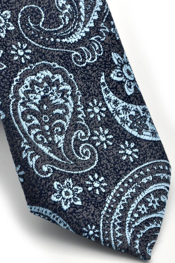 Mavi Şal Desenli Lacivert Dokuma Kumaş Mendilli Slim Fit Kravat  / SDK-230205 - Resim 3
