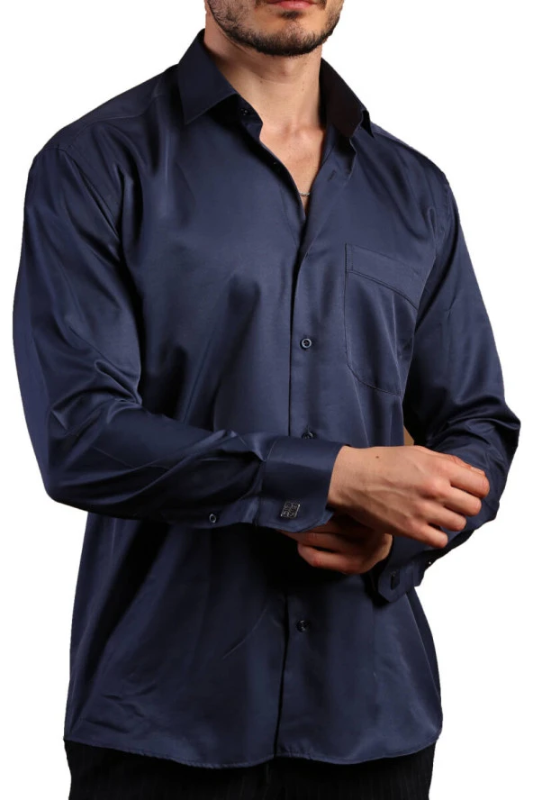Lacivert Büyük Beden Rahat Kesim Micro Kumaş Kol Düğmeli Regular Fit Erkek Gömlek - 190-12