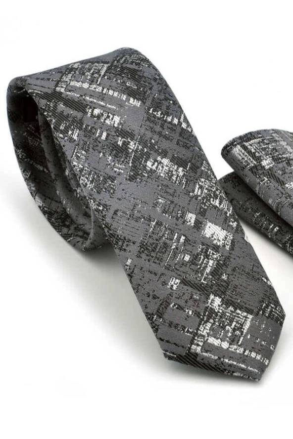 Siyah Beyaz Motif Desenli Gri Dokuma Kumaş Mendilli Slim Fit Kravat  / SDK-220711