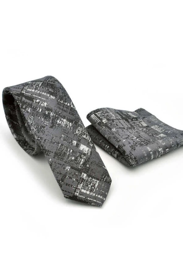 Siyah Beyaz Motif Desenli Gri Dokuma Kumaş Mendilli Slim Fit Kravat  / SDK-220711 - Resim 2