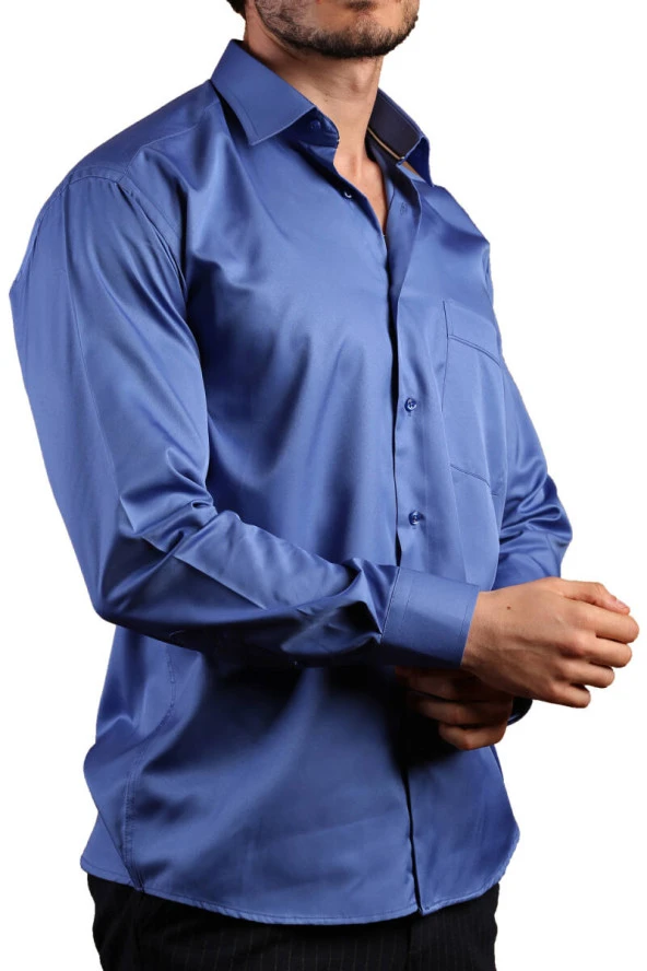Saks Mavi Büyük Beden Rahat Kesim Micro Kumaş Kol Düğmeli Regular Fit Erkek Gömlek - 190-14