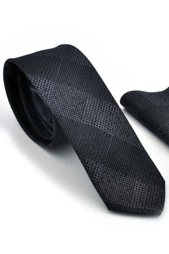 Gri Siyah Ekose Desenli Dokuma Kumaş Mendilli Slim Fit Kravat  / SDK-220707 ürün görseli