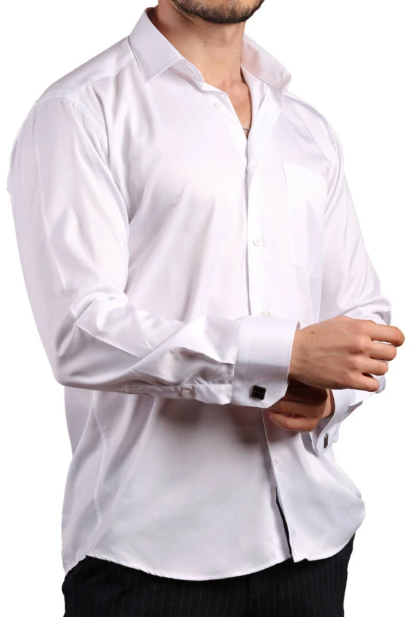 Beyaz Büyük Beden Rahat Kesim Micro Kumaş Kol Düğmeli Regular Fit Erkek Gömlek - 190-1