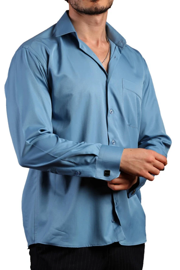 Turkuaz Mavi Büyük Beden Rahat Kesim Micro Kumaş Kol Düğmeli Regular Fit Erkek Gömlek - 190-18
