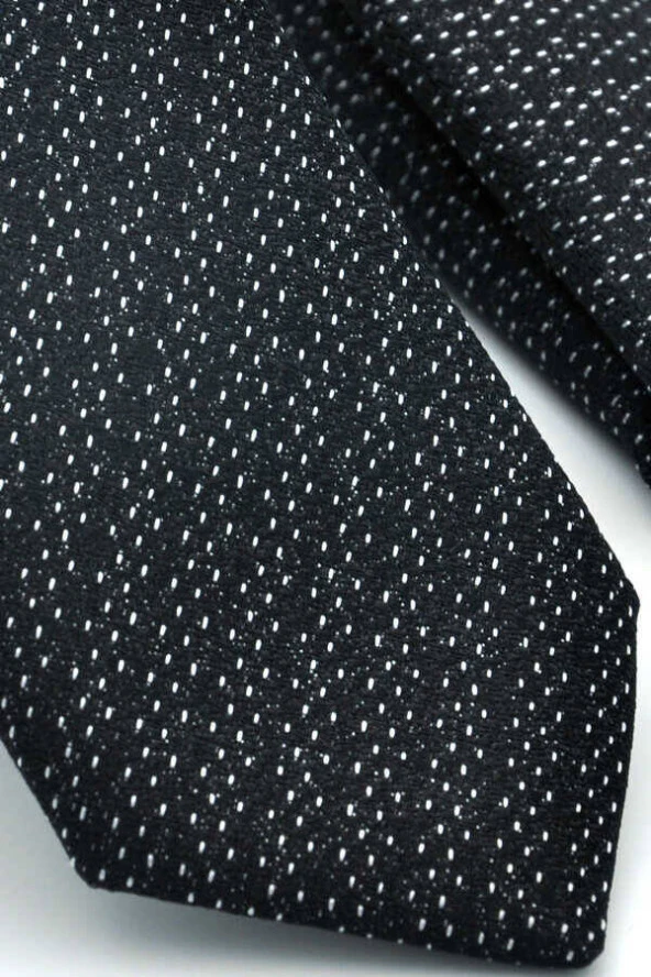 Beyaz Noktalı Verev Çizgili Siyah Dokuma Kumaş Mendilli Slim Fit Kravat  / SDK-220712 - Resim 3