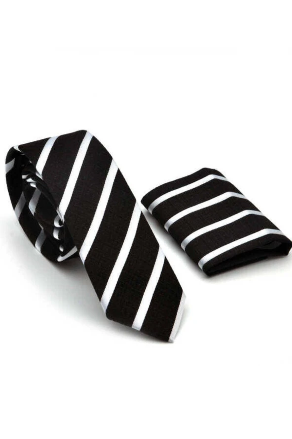 Beyaz Verev Çizgili Siyah Dokuma Kumaş Mendilli Slim Fit Kravat  / SDK-220701 - Resim 2