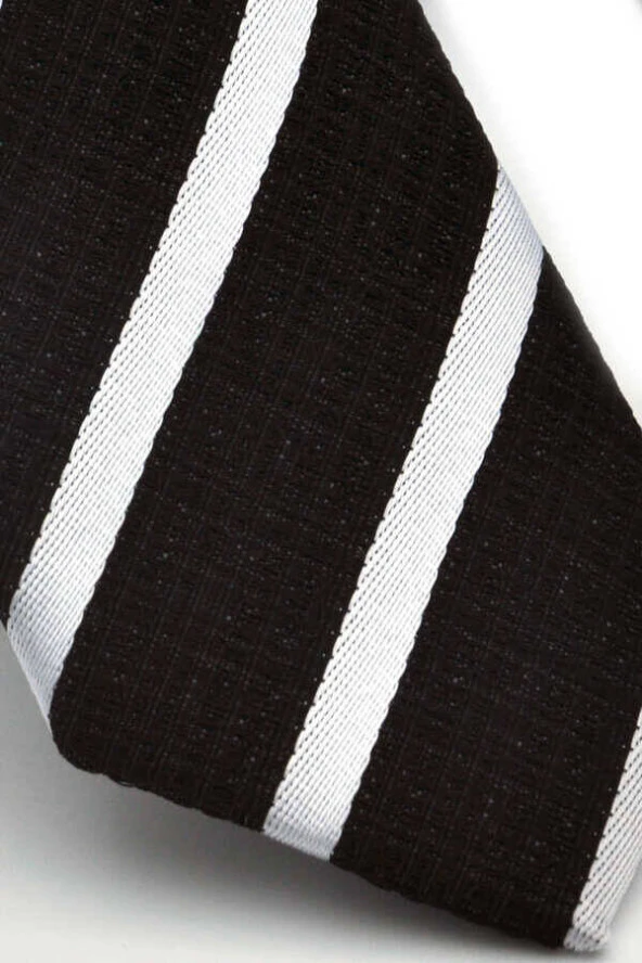 Beyaz Verev Çizgili Siyah Dokuma Kumaş Mendilli Slim Fit Kravat  / SDK-220701 - Resim 3