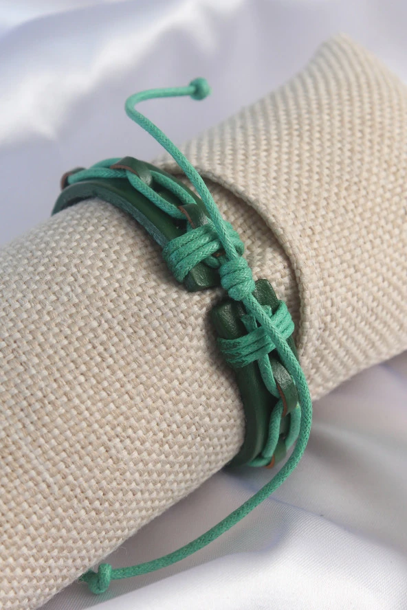 Yeşil Renk Deri İpli Erkek Bileklik - Resim 2