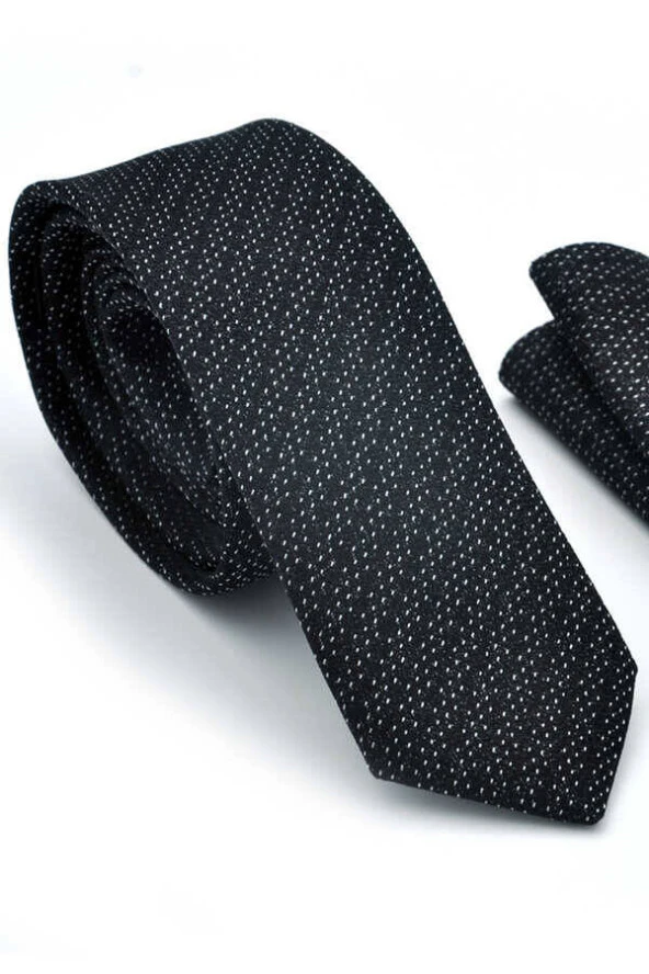 Beyaz Noktalı Verev Çizgili Siyah Dokuma Kumaş Mendilli Slim Fit Kravat  / SDK-220712 ürün görseli