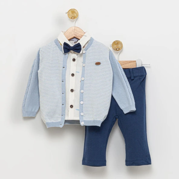 Babyhola 4'lü Papyonlu Triko Hırka Gömlek Pantolon Erkek Bebek Çocuk Bayramlık Alt Üst Takım Elbise 15014
