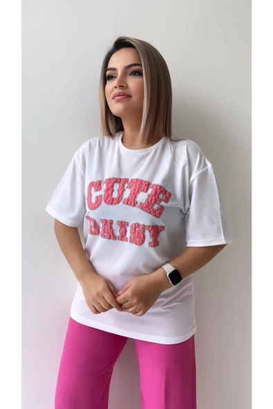 Kabartmalı Cute Daisy Tişört Ekru Pembe - 7