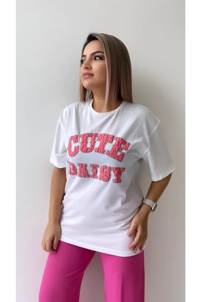 Kabartmalı Cute Daisy Tişört Ekru Pembe - 4