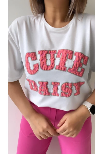 Kabartmalı Cute Daisy Tişört Ekru Pembe - 6