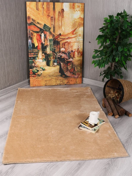 Dekoratif Puffy Peluş Yumuşak Kaymaz Taban Kesme Halı Yolluk Bej