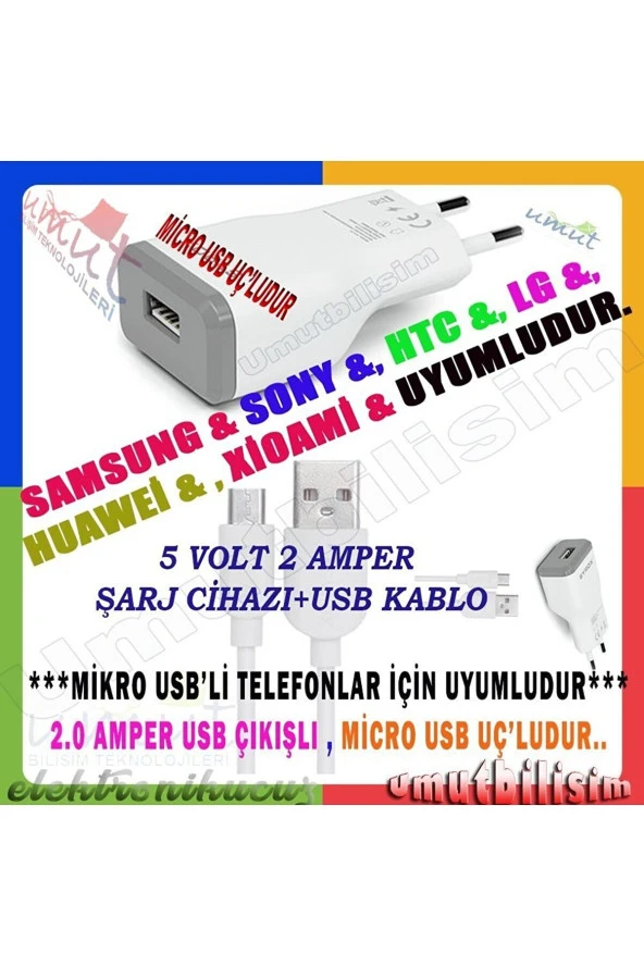 UMUT_Alcatel OneTouch Go Play Uyumlu Mikro Usb Girişli 2.0 Amper Şarj Aleti+Kablo Şarj Cihazı - j15