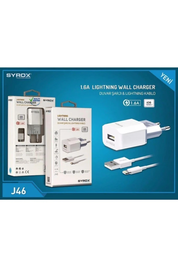 YENİ ÜRÜN İphone Lightning uyumlu Hızlı Şarj Cihazı (1.6 mAh - SYROX J46)