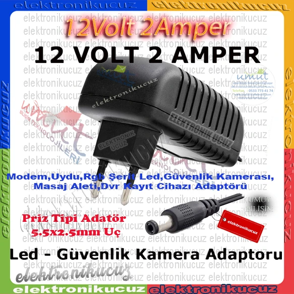 12v 2a Dc Standart Adaptör 5.5x2.5 Uç - 12 volt 2 amper adaptör plastik kasa priz tipi