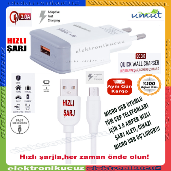 UMUT BİLİŞİM TEKNOLOJİLERİ _ Uyumlu Mikro Usb Girişli 3.0 Amper Adaptör+Kablo Şarj Aleti -Q30