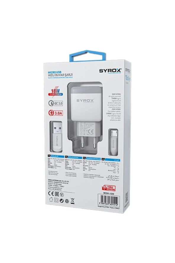 UMUT BİLİŞİM_Syrox 3.0 Amper Micro Usb Hızlı Şarj & Data Seti Quick Q30 (Adaptör+Kablo 1Mt)