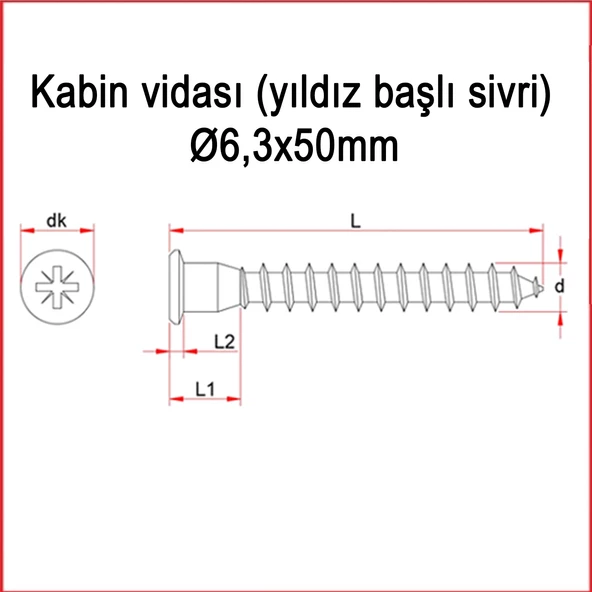 Metal Galvaniz Kabin vidası (yıldız başlı sivri) 06,3x50mm 100 Adet Kargo bedava - 4