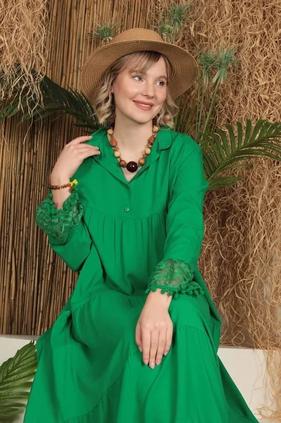 Dantel Esprili Detaylı Uzun Kollu ve Hakim Yakalı Viskon Kumaşlı Kadın Elbise Yeşil Dört Mevsim - Resim 5