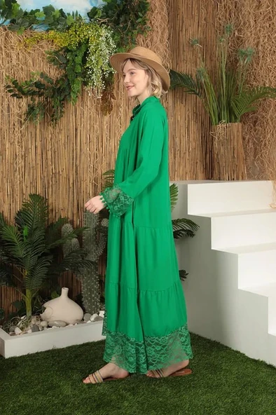 Dantel Esprili Detaylı Uzun Kollu ve Hakim Yakalı Viskon Kumaşlı Kadın Elbise Yeşil Dört Mevsim - Resim 4