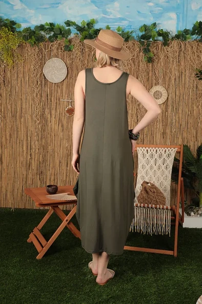 Önü Nakışlı ve Örme Detaylı Viskon Kumaşlı Kolsuz Uzun / Maxi Boy Kadın Elbise Haki Yaz / Bahar - 3