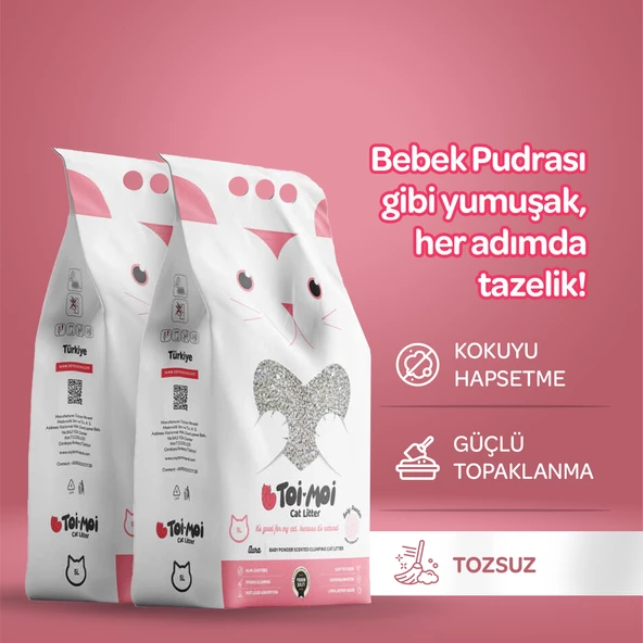 2’li Avantaj Paketi Tozsuz, Topaklanan, Emiciliği Yüksek  Bebek Pudralı Bentonit Kedi Kumu 2x5lt