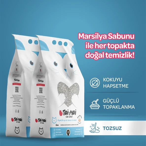 2’li Avantaj Paketi Topaklanan,Tozsuz,Hijyenik Marsilya Sabunlu Bentonit Kedi Kumu 2x5lt