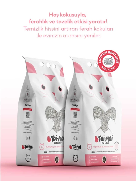 2’li Avantaj Paketi Tozsuz, Topaklanan, Emiciliği Yüksek  Bebek Pudralı Bentonit Kedi Kumu 2x5lt - 4