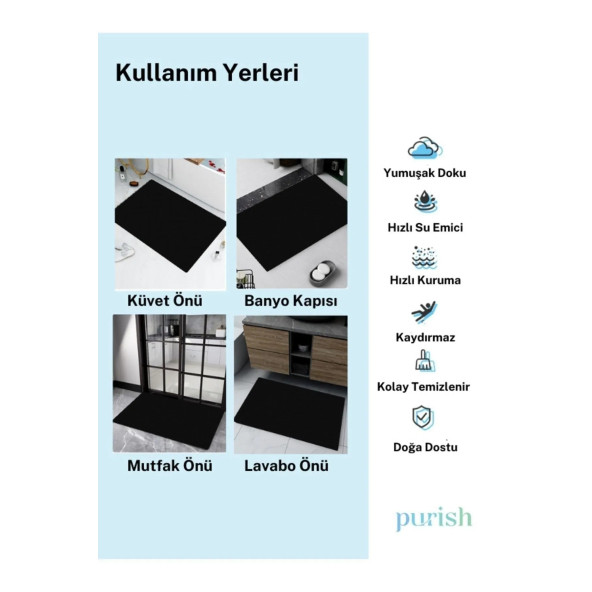 Sihirli Su Emici Banyo Paspası Kaymaz Tabanlı Abdest Paspası Siyah Renk - 6