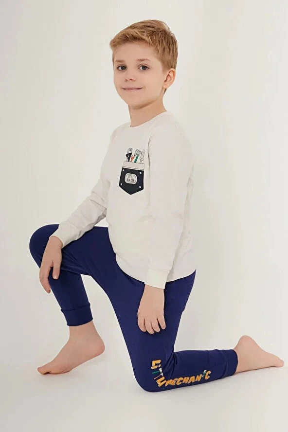 Rolypoly Little Builder Beyaz Erkek Çocuk Uzun Kol Pijama Takım