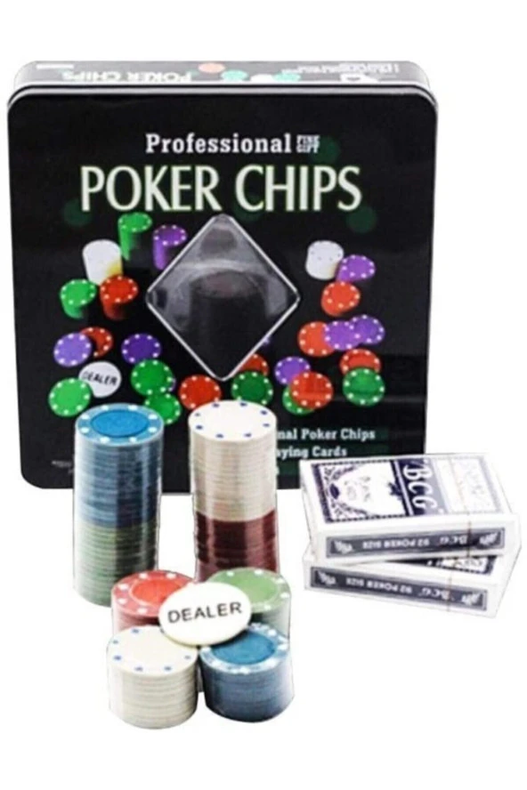 Profesyonel Poker Seti Metal Kutulu Rakamlı Sayılı 2 Adet Iskambil Poker Çipi 100 Çipli Oyun Fişli
