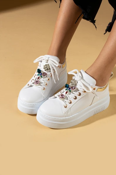 Pembe Potin Poli Anatomik Taban Taş Detay Bağcıklı Kadın Sneaker 36-177-24