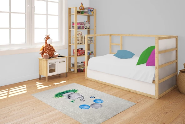 Çocuk Halısı ve Bebek Halısı Yıkanabilir Kaymaz Taban Figürlü Gri Dijital Baskı Halı HC025 - 4
